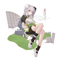 Rule 34 | 1girl, arknights, black shorts, black socks, bun cover, cloud, commentary request, double bun, full body, grey hair, hair between eyes, hair bun, highres, knee up, long hair, looking at viewer, mulberry (arknights), mulberry (plant crude drug) (arknights), parted lips, puffy short sleeves, puffy shorts, puffy sleeves, purple eyes, scissors, shirt, shoes, short shorts, short sleeves, shorts, simple background, socks, solo, translation request, very long hair, white background, white footwear, white shirt, xx 3752