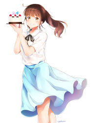 Rule 34 | 1girl, birthday cake, black ribbon, blue skirt, blush, brown eyes, brown hair, cake, collared shirt, commentary, food, grin, hands up, holding, holding plate, long hair, looking at viewer, neck ribbon, original, plate, ponytail, ribbon, shirt, short sleeves, sidelocks, signature, simple background, skirt, smile, solo, sylphine, symbol-only commentary, white background, white shirt, wide sleeves