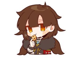 Rule 34 | 1girl, ahoge, armband, blue necktie, brown hair, chocolate chip cookie, colored eyelashes, commentary request, cookie, e.g.o (project moon), eating, employee (project moon), food, fur-trimmed jacket, fur trim, grey jacket, holding, holding cookie, holding food, hoshizuki sakusa, jacket, lobotomy corporation, long sleeves, necktie, orange eyes, project moon, red armband, shirt, simple background, solo, twintails, white background, white shirt