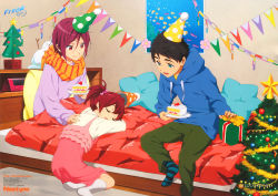 Rule 34 | 10s, 1girl, 2boys, aged down, bed, black hair, blue eyes, brother and sister, cake, cake slice, child, christmas, christmas tree, closed eyes, food, free!, fruit, gift, hair bobbles, hair ornament, hat, hood, hoodie, matsuoka gou, matsuoka rin, multiple boys, newtype, nishiya futoshi, official art, on bed, open mouth, party hat, plate, red eyes, red hair, scarf, siblings, side ponytail, sitting, sleeping, smile, strawberry, strawberry shortcake, yamazaki sousuke