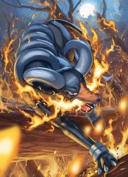 Rule 34 | breath weapon, breathing fire, claws, commentary, creatures (company), fangs, fire, game freak, gen 2 pokemon, highres, houndoom, nintendo, no humans, open mouth, outdoors, pokemon, pokemon (creature), red eyes, solo, spareribs, tongue, tree
