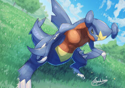 Rule 34 | animal focus, black sclera, blue sky, closed mouth, cloud, colored sclera, commentary request, creatures (company), game freak, garchomp, gen 4 pokemon, highres, nintendo, no humans, on grass, outdoors, pokemon, pokemon (creature), sharp teeth, signature, sky, standing, tail, tanpakuroom, teeth, yellow eyes