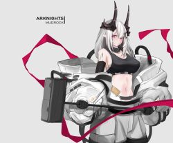 Rule 34 | 1girl, absurdres, arknights, asumi maboroshi, bare shoulders, black gloves, breasts, character name, commentary, copyright name, cowboy shot, crop top, gloves, grey background, hammer, highres, holding, holding hammer, holding weapon, horns, large breasts, long hair, looking at viewer, material growth, midriff, mudrock (arknights), mudrock (elite ii) (arknights), navel, off shoulder, oripathy lesion (arknights), pointy ears, red eyes, sarashi, silver hair, simple background, solo, sports bra, standing, stomach, weapon