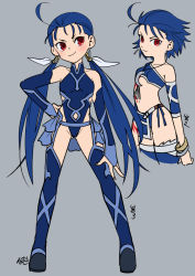 Rule 34 | 2girls, ahoge, alternate costume, blue hair, bodypaint, bracelet, crescent moon, cu chulainn (fate), cu chulainn (fate) (all), cu chulainn (fate/prototype), cu chulainn (second ascension) (fate), dual persona, elbow gloves, fate/prototype, fate/stay night, fate (series), full body, genderswap, genderswap (mtf), gloves, hand on own hip, jewelry, lancer-tan, leotard, long hair, moon, multiple girls, multiple views, necklace, nishiyama (whatsoy), short hair, thighhighs, twintails