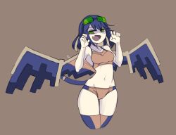 Rule 34 | 1girl, :d, absurdres, blue hair, collarbone, cowboy shot, doce, fang, female focus, green eyes, hairband, hands up, highres, looking at viewer, minecraft, multicolored clothes, navel, open mouth, personification, phantom (minecraft), short hair, simple background, skin fang, smile, solo, tail, thighhighs, wings