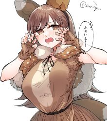 Rule 34 | 1girl, alternate costume, animal ears, brown capelet, brown dress, brown eyes, brown hair, capelet, commentary request, dress, embarrassed, fox ears, fox tail, fur-trimmed capelet, fur trim, highres, kantai collection, long hair, looking at viewer, matsunaga (haku), one-hour drawing challenge, ooi (kancolle), simple background, solo, tail, upper body, white background