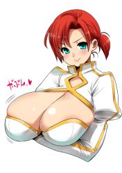 Rule 34 | 1girl, :&gt;, aqua eyes, boudica (fate), bouncing breasts, breast hold, breasts, cleavage, fate/grand order, fate (series), huge breasts, looking at viewer, o-ring, o-ring top, perepere-kun, ponytail, raised eyebrow, red hair, short hair, shrug (clothing), simple background, skindentation, smug, solo, translated, white background