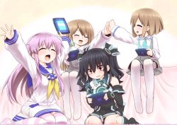 Rule 34 | 10s, 4girls, blush, breasts, brown hair, d-pad, game console, hair ornament, hair ribbon, hat, high five, long hair, mizunashi (second run), multiple girls, nepgear, neptune (series), open mouth, playing games, purple eyes, purple hair, ram (neptunia), red eyes, ribbon, rom (neptunia), short hair, siblings, sisters, sitting, smile, striped clothes, striped legwear, striped thighhighs, thighhighs, twins, uni (neptunia), uni (plastic girl), wariza