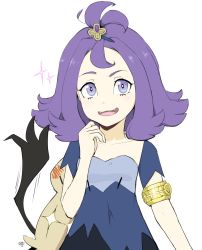 Rule 34 | 1girl, acerola (pokemon), armlet, blue dress, bright pupils, commentary, creatures (company), dress, english commentary, eyelashes, fangs, flipped hair, game freak, gen 7 pokemon, grey dress, grey eyes, hair ornament, hairclip, highres, medium hair, milka (milk4ppl), mimikyu, multicolored clothes, multicolored dress, nintendo, open mouth, pokemon, pokemon (creature), pokemon sm, purple hair, short sleeves, sparkle, stitches, tongue, topknot, torn clothes, torn dress, white pupils
