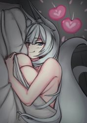 Rule 34 | 1girl, akeggle, animal ears, azur lane, bed, blanket, blue eyes, blunt bangs, blush, breasts, cross-section, dutch angle, fertilization, fox ears, fox girl, fox tail, grey hair, heart, impregnation, indoors, kitsune, kyuubi, large breasts, long hair, looking at viewer, multiple tails, nude, ovum, shinano (azur lane), sidelocks, smile, sperm cell, tail, very long hair