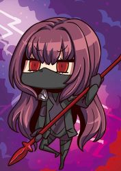 Rule 34 | 1girl, april fools, bodysuit, chibi, covered navel, fate/grand order, fate (series), gae bolg (fate), holding, holding weapon, long hair, mask, mouth mask, official art, polearm, purple hair, red eyes, riyo (lyomsnpmp), scathach (fate), scathach (first ascension) (fate), solo, spear, weapon