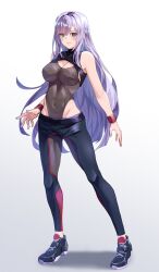Rule 34 | 1girl, alexandra viktorovna dashkova, black footwear, blue eyes, blush, breasts, cleavage, closed mouth, commentary request, covered navel, full body, highres, kento (kentdrawing), large breasts, long hair, looking at viewer, original, purple hair, second-party source, shoes, sidelocks, sneakers, solo, sportswear, standing, very long hair