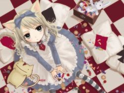 Rule 34 | 1girl, alice (alice in wonderland), alice in wonderland, animal ears, aqua eyes, blonde hair, candy, cat ears, cat tail, cheshire cat (alice in wonderland), cookie, dress, food, from above, jelly bean, juliet sleeves, lollipop, long hair, long sleeves, looking at viewer, pantyhose, pillow, puffy sleeves, solo, striped clothes, striped legwear, striped pantyhose, stuffed toy, sweets, tail, thumbprint cookie, white rabbit (alice in wonderland)
