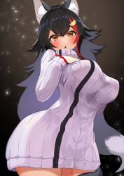 Rule 34 | 1girl, animal ear fluff, animal ears, black background, black hair, blush, breasts, cowboy shot, dress, gradient background, hair ornament, highres, hololive, hololive gamers, kajimakoto, large breasts, long hair, long sleeves, looking at viewer, multicolored hair, ookami mio, open mouth, red hair, solo, standing, sweater, sweater dress, turtleneck, two-tone hair, virtual youtuber, wolf ears, yellow eyes