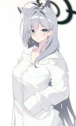 Rule 34 | 1girl, absurdres, ahoge, alternate costume, animal ear fluff, animal ears, aqua eyes, blue archive, blush, breasts, collarbone, commentary, comorebi, extra ears, grey hair, halo, highres, large breasts, looking at viewer, mismatched pupils, open collar, oversized clothes, oversized shirt, shiroko (blue archive), shiroko terror (blue archive), shirt, simple background, sleeves past wrists, solo, white background, white shirt, wolf ears