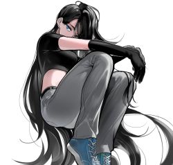 Rule 34 | 1girl, belt, black gloves, black hair, black shirt, blue eyes, blue footwear, breasts, crop top, cross-laced footwear, earrings, facing down, feet out of frame, from below, gloves, grey pants, hair behind ear, hair over one eye, invisible chair, jewelry, long hair, looking at viewer, midriff, multiple earrings, original, outstretched arms, own hands together, pants, saldong, shirt, shoes, short sleeves, simple background, sitting, sneakers, solo, stud earrings, v arms, very long hair, white background