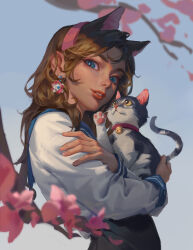 Rule 34 | 1girl, absurdres, animal, animal ears, blue background, blue eyes, brown hair, cat, cat ears, cat girl, cherry blossoms, clear sky, collar, commentary, earrings, english commentary, gradient background, gradient sky, grin, hairband, highres, holding, holding animal, holding cat, jewelry, liu2e3ing, long hair, long sleeves, looking at viewer, original, pink hairband, school uniform, sky, slit pupils, smile, solo, teeth, upper body
