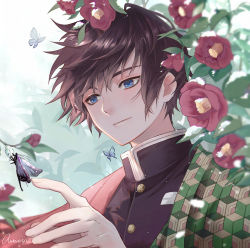 Rule 34 | 1boy, antweiyi, artist name, black hair, black jacket, blue eyes, bug, butterfly, camellia, closed mouth, collared jacket, flower, flying, hair between eyes, hand up, haori, insect, jacket, japanese clothes, kimetsu no yaiba, light smile, looking at another, male focus, outdoors, resolution mismatch, short hair, signature, snowing, solo, source smaller, tomioka giyuu, tsurime, upper body