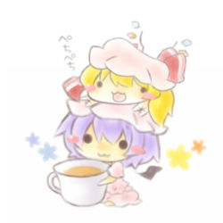 Rule 34 | 2girls, :3, bat wings, blonde hair, blush, chibi, crystal, cup, flandre scarlet, flower, hat, lowres, mini person, minigirl, multiple girls, on head, open mouth, person on head, purple hair, remilia scarlet, ribbon, short hair, siblings, side ponytail, simple background, sisters, smile, solid circle eyes, tea, teacup, touhou, waving arms, white background, wide face, wings, yasiro