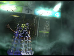 Rule 34 | dalek, dark, doctor who, letterboxed, light, machine, no humans, non-humanoid robot, otaking, road sign, robot, sign, smoke