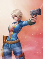 Rule 34 | 1girl, artist name, breasts, collarbone, cowboy shot, dual wielding, fallout (series), fallout 4, female focus, gun, handgun, highres, holding, holster, large breasts, newash, red eyes, rifle, short hair, silver hair, simple background, sole survivor (female), solo, unzipped, vault suit, weapon, zipper