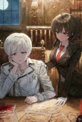 Rule 34 | 2girls, ahoge, androgynous, black suit, blood, bookshelf, brown hair, clenched hand, copyright request, cover, cover page, formal, gloves, grey eyes, highres, lamp, medal, medium hair, moon, multiple girls, necktie, novel cover, official art, papers, red neckwear, short hair, sidelocks, sonchi, suit, uniform, white gloves, window