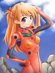 Rule 34 | 1girl, adjusting hair, armpits, bad id, bad pixiv id, blue eyes, blue sky, blush, bodysuit, bracer, breasts, closed mouth, cloud, cowboy shot, day, from side, gloves, hand on own hip, hand up, headgear, hip focus, light smile, long hair, looking at viewer, neon genesis evangelion, orange hair, outdoors, pilot suit, plugsuit, ruins, satogo, skinny, sky, small breasts, smile, solo, souryuu asuka langley, standing, turtleneck, two side up, wide hips