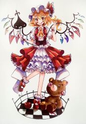 Rule 34 | 1girl, absurdres, adapted costume, aoyama tenchou, apple, ascot, blonde hair, blush, bobby socks, bow, center frills, checkered floor, corset, crystal, flandre scarlet, food, frilled skirt, frills, front slit, fruit, hat, hat bow, highres, laevatein (touhou), layered skirt, looking at viewer, mary janes, medium hair, mob cap, one side up, petticoat, puffy short sleeves, puffy sleeves, red bow, red corset, red eyes, red skirt, red vest, shoes, short sleeves, skirt, socks, solo, standing, standing on one leg, stuffed animal, stuffed toy, teddy bear, touhou, twitter username, vest, waist bow, wavy hair, white background, white bow, wings, wrist cuffs, yellow ascot