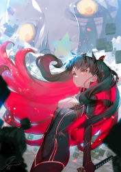 Rule 34 | 1girl, black bodysuit, black hair, blurry, blurry foreground, bodysuit, breasts, center opening, colored inner hair, dutch angle, fate/grand order, fate (series), highres, holding, holding sword, holding weapon, ishtar (fate), long hair, looking at viewer, multicolored hair, pink hair, siino, small breasts, solo, space ishtar (fate), space ishtar (first ascension) (fate), sword, two-tone hair, two side up, very long hair, weapon, yellow eyes