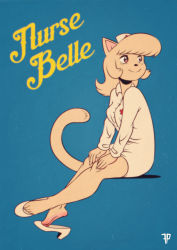 Rule 34 | 1girl, absurdres, animal ears, animal nose, artist name, blonde hair, blue background, body fur, breasts, brown eyes, cat ears, cat girl, cat tail, character name, closed mouth, collared dress, cross, dress, english text, feet, female focus, fox-pop vli, furry, furry female, hands on own knees, happy, hat, high heels, highres, invisible chair, knees together feet apart, legs, long sleeves, looking back, medium hair, nurse, nurse cap, original, red cross, retro artstyle, shoe dangle, shoes, short dress, sidelocks, simple background, sitting, small breasts, smile, solo, swept bangs, tail, watermark, white dress, white footwear, white hat, yellow fur