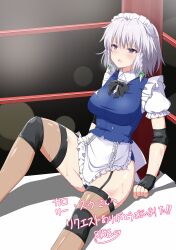 Rule 34 | 1girl, adapted costume, apron, blue eyes, blush, braid, breasts, defeat, fingerless gloves, gloves, grey hair, highres, izayoi sakuya, knee pads, leotard, leotard under clothes, maid, maid apron, maid headdress, medium breasts, open mouth, rise (rise19851203), short hair, solo, stage lights, sweatdrop, thighhighs, torn clothes, touhou, touhou tag dream, twin braids, waist apron, wrestling outfit, wrestling ring