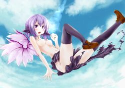 Rule 34 | 1girl, animal ears, blush, breasts, day, female focus, flying, kichi (takane), medium breasts, mystia lorelei, no panties, outdoors, pink hair, purple eyes, short hair, sky, solo, tearing clothes, thighhighs, topfreedom, topless, torn clothes, touhou, wings