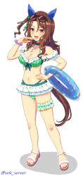 Rule 34 | 1girl, animal ears, bare shoulders, breasts, brown hair, cleavage, collarbone, ear covers, eyewear on head, full body, hand on own hip, highres, holding, holding swim ring, horse girl, horse tail, innertube, jewelry, king halo (umamusume), looking at viewer, medium breasts, necklace, ojou-sama pose, open mouth, red eyes, seki (hyokosho), solo, sunglasses, swim ring, swimsuit, tail, thigh strap, twitter username, umamusume, watch, wavy hair, white background, wristwatch