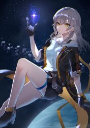 Rule 34 | 1girl, absurdres, bare shoulders, black coat, black footwear, black gloves, black skirt, black sky, boots, breasts, chain, closed mouth, coat, collarbone, commentary request, flying, gloves, gold chain, grey hair, hair between eyes, hand up, high heels, highres, honkai: star rail, honkai (series), hood, hooded coat, long hair, long sleeves, looking at viewer, medium breasts, miniskirt, nagi (pickles pipipi), off-shoulder shirt, off shoulder, open clothes, open coat, planet, pocket watch, shirt, sidelocks, skirt, sky, solo, space, star (sky), starry sky, stelle (honkai: star rail), t-shirt, tassel, trailblazer (honkai: star rail), two-sided coat, two-sided fabric, watch, white shirt, yellow coat, yellow eyes