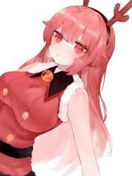 Rule 34 | 1girl, bad id, bad pixiv id, bare shoulders, bell, black hairband, blush, breasts, breath, collared dress, commentary, dokomon, dress, english commentary, fake antlers, fur-trimmed dress, fur trim, girls&#039; frontline, hair between eyes, hairband, highres, jingle bell, large breasts, long hair, ntw-20 (girls&#039; frontline), ntw-20 (xmas reindeer) (girls&#039; frontline), official alternate costume, parted lips, red dress, red eyes, red hair, sidelocks, simple background, sleeveless, sleeveless dress, solo, very long hair, white background
