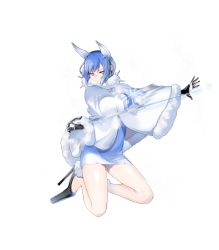 Rule 34 | 1girl, black footwear, black gloves, blue eyes, blue hair, breasts, cape, capelet, closed mouth, dress, female focus, fire emblem, fire emblem heroes, full body, fur trim, gloves, gradient hair, hair ornament, high heels, highres, ice, kneeling, looking away, matching hair/eyes, multicolored hair, nifl (fire emblem), nintendo, official art, pale skin, shiny skin, short dress, short hair, solo, sparkle, thighs, transparent background, white cape, white hair, yasuda suzuhito