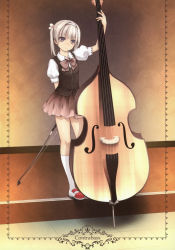 Rule 34 | 1girl, absurdres, bow (music), double bass, framed, hairband, highres, image sample, instrument, long hair, ooji, original, silver hair, socks, solo, twintails, white socks