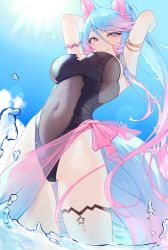 Rule 34 | 1girl, animal ears, beach, blue eyes, blue hair, breasts, covered navel, gradient hair, hair ornament, highres, large breasts, long hair, looking at viewer, multicolored hair, nanoless, one-piece swimsuit, pink hair, silvervale, smile, solo, summer, swimsuit, tail, thighs, virtual youtuber, vshojo, wading, wolf ears, wolf girl, wolf tail