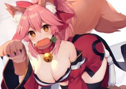 Rule 34 | 1girl, all fours, animal ear fluff, animal ears, animal hands, bare shoulders, bell, black thighhighs, blush, bow, breasts, bright pupils, brown eyes, brown gloves, carrot, cleavage, collar, collarbone, detached sleeves, dress, fate/grand order, fate (series), food, foreshortening, fox ears, gloves, hair between eyes, hair bow, hanging breasts, jingle bell, large breasts, long hair, long sleeves, looking at viewer, mouth hold, muryotaro, neck bell, paw gloves, paw pose, pink hair, ponytail, red bow, red dress, solo, strapless, strapless dress, tamamo (fate), tamamo cat (fate), tare nu (usesase), tassel, thighhighs, v-shaped eyebrows, wide sleeves