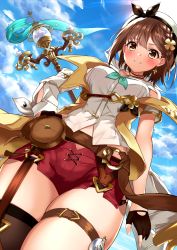 Rule 34 | 1girl, atelier (series), atelier ryza, atelier ryza 2, belt, beret, black gloves, blue sky, blush, breasts, brown belt, brown eyes, brown hair, brown thighhighs, closed mouth, cloud, day, earrings, fingerless gloves, from below, gloves, hat, highres, jacket, jewelry, key, key necklace, leg belt, light rays, looking at viewer, medium breasts, meri-san, necklace, outdoors, red shorts, reisalin stout, short hair, short shorts, shorts, single thighhigh, sky, smile, solo, staff, sun, sunbeam, sunlight, thick thighs, thighhighs, thighs, white hat, yellow jacket