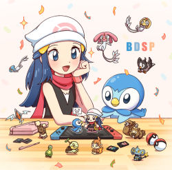 Rule 34 | 1girl, :d, azelf, beanie, bidoof, black shirt, blush, budew, buneary, chimchar, commentary request, confetti, creatures (company), dawn (pokemon), game freak, gen 4 pokemon, hair ornament, hairclip, handheld game console, hat, highres, kino (jewell chang), legendary pokemon, long hair, mesprit, minimized, nintendo, nintendo ds, open mouth, piplup, pokemon, pokemon (creature), pokemon bdsp, red scarf, rotom, rotom (normal), scarf, shinx, shirt, sleeveless, sleeveless shirt, smile, table, tongue, turtwig, uxie, white headwear