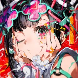 Rule 34 | 1girl, aqua-framed eyewear, aqua nails, black hair, closed mouth, commentary request, ear piercing, eyewear on head, hair ornament, hairclip, hands up, highres, long sleeves, looking at viewer, mika pikazo, multicolored nails, nail polish, o-ring, one eye closed, orange nails, original, piercing, pink-tinted eyewear, red eyes, red nails, sleeves past wrists, solo, tinted eyewear, upper body