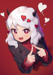 Rule 34 | 1girl, :d, absurdres, black horns, black suit, breasts, commentary request, demon girl, demon horns, fang, fingers together, formal, from above, hair ornament, heart, heart-shaped pupils, heart hair ornament, helltaker, highres, horns, index fingers raised, index fingers together, large breasts, long sleeves, looking at viewer, medium breasts, medium hair, modeus (helltaker), open mouth, pohdae, red background, red eyes, red sweater, ribbed sweater, smile, solo, suit, sweater, symbol-shaped pupils, turtleneck, turtleneck sweater, white hair