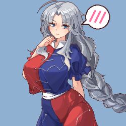 Rule 34 | 1girl, ahoge, blue background, blue eyes, blue shirt, blue skirt, braid, braided ponytail, breasts, closed mouth, commentary request, constellation print, eaglov, grey hair, highres, large breasts, long hair, looking at viewer, pixel art, red shirt, red skirt, shirt, short sleeves, simple background, skirt, solo, spoken blush, touhou, two-tone shirt, two-tone skirt, variant set, very long hair, yagokoro eirin