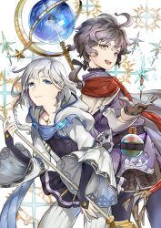 Rule 34 | 10s, 2boys, :d, ahoge, back-to-back, belt, black hair, blue eyes, braid, bridal gauntlets, brown eyes, cape, colored eyelashes, cowboy shot, flask, floating, floating object, from side, gloves, granblue fantasy, grey hair, grin, hair ribbon, johann (granblue fantasy), leaning forward, looking at viewer, looking back, low ponytail, mikurou (nayuta), multiple boys, noa (granblue fantasy), open mouth, orange eyes, orb, ponytail, potion, ribbon, robe, scarf, side braid, simple background, sleeve cuffs, smile, staff, standing, star (symbol), turtleneck, wand, wavy hair, white background
