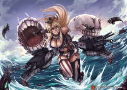 Rule 34 | 10s, 2girls, abyssal ship, action, american flag, american flag legwear, aqua eyes, asymmetrical legwear, bare shoulders, battle, belt, black gloves, blonde hair, breasts, cleavage, cloud, curvy, day, elbow gloves, fingerless gloves, firing, flag print, front-tie top, garter straps, gloves, glowing, glowing eyes, grey gloves, hair between eyes, headgear, heavy cruiser princess, hip focus, i-class destroyer, iowa (kancolle), kachima, kantai collection, large breasts, lips, long hair, looking back, machinery, miniskirt, mismatched legwear, multiple girls, ocean, open mouth, outstretched arms, patreon, patreon username, rigging, saliva, skirt, sky, striped clothes, striped thighhighs, teeth, thighhighs, tongue, torn clothes, torn gloves, torn legwear, torn skirt, turret, vertical-striped clothes, vertical-striped thighhighs, very long hair, watermark, waves, web address, white gloves