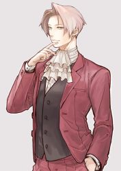 Rule 34 | 1boy, ace attorney, ascot, chizuma, grey hair, hand in pocket, hand up, jacket, long sleeves, male focus, miles edgeworth, parted bangs, simple background, smile, solo