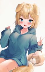 Rule 34 | 1girl, :d, absurdres, animal, animal ears, blonde hair, blue eyes, blue hoodie, blush, breasts, bubba (watson amelia), collarbone, commentary, dog, dog ears, dog girl, dog tail, grey background, hands up, highres, hololive, hololive english, hood, hood down, hoodie, kemonomimi mode, long sleeves, looking at viewer, maru ccy, medium breasts, open mouth, puffy long sleeves, puffy sleeves, romaji commentary, sitting, sleeves past wrists, smile, tail, v, virtual youtuber, watson amelia