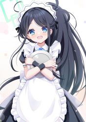 Rule 34 | 1girl, :d, absurdly long hair, absurdres, apron, aris (blue archive), aris (maid) (blue archive), black hair, blue archive, blue eyes, commentary request, fengshen chino, frilled apron, frills, halo, highres, holding, holding tray, long hair, looking at viewer, maid, maid apron, maid headdress, official alternate costume, official alternate hairstyle, open mouth, parted bangs, short sleeves, side ponytail, sidelocks, simple background, smile, solo, tray, very long hair, white apron, white background, wristband