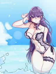 Rule 34 | 1girl, beach, bikini, black bikini, blush, breasts, cleavage, cloud, commentary, english commentary, genshin impact, hair brush, highres, large breasts, necktie, one-piece swimsuit, owoowie, purple eyes, purple hair, purple one-piece swimsuit, raiden shogun, swimsuit, thighs, water, wet, wet clothes, wet swimsuit